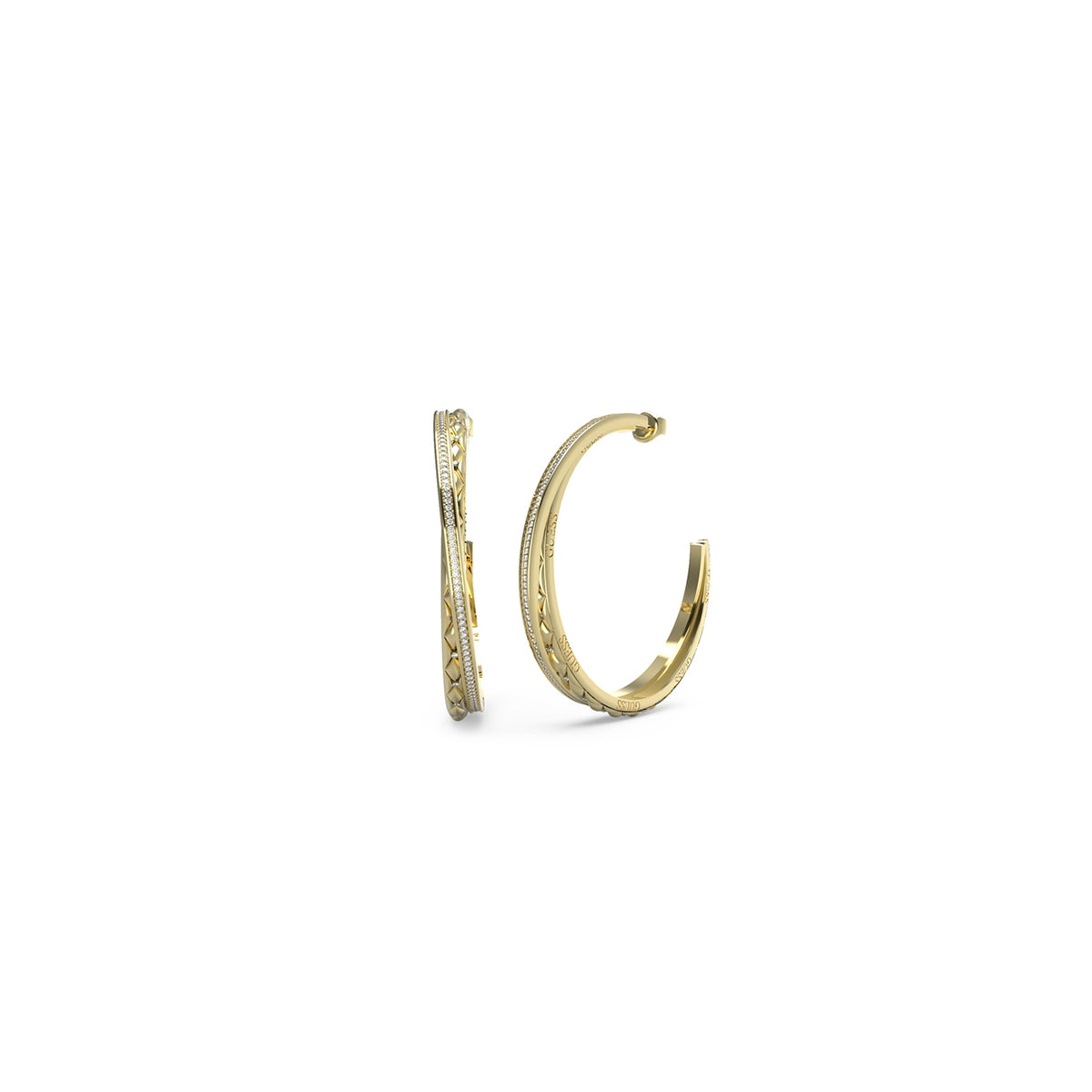 GUESS JEWELS JEWELRY Mod. JUBE04585JWYGT-U gold hooped earrings on white background.