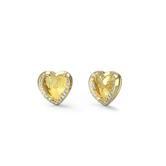 Gold heart-shaped earrings from GUESS JEWELS JEWELRY Mod. JUBE04609JWYGT-U with sparkling details.