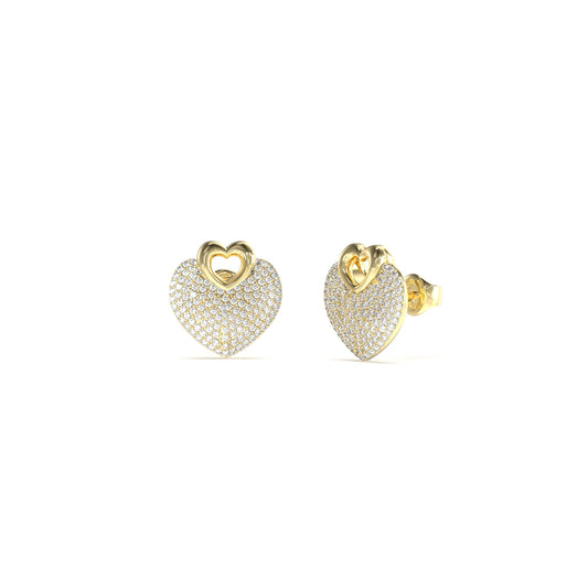 Elegant heart-shaped GUESS JEWELS JEWELRY Mod. JUBE05213JWYGT-U earrings in gold with crystal embellishments.