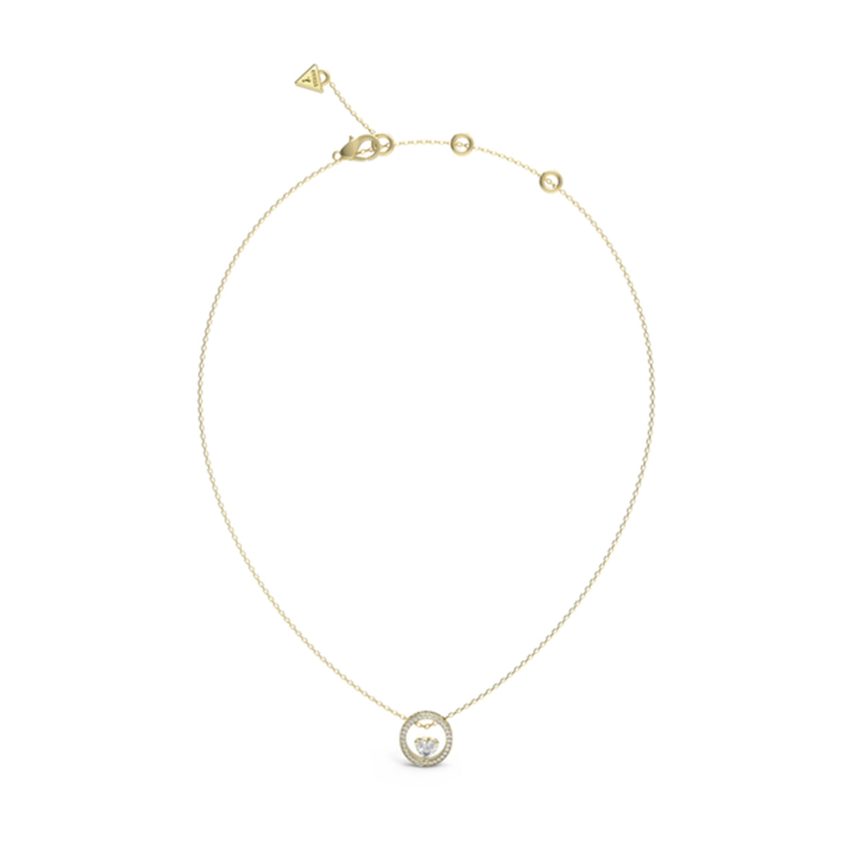 GUESS JEWELS JEWELRY Mod. JUBN04665JWYGT-U gold necklace with heart pendant on white background.