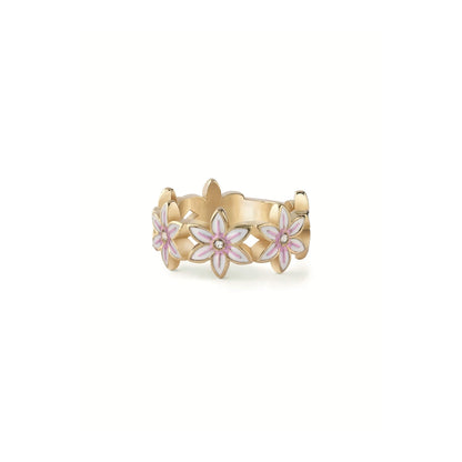 GUESS JEWELS JEWELRY Mod. JUBR04132JWYGWH52 floral gold ring with pink accents on a white background