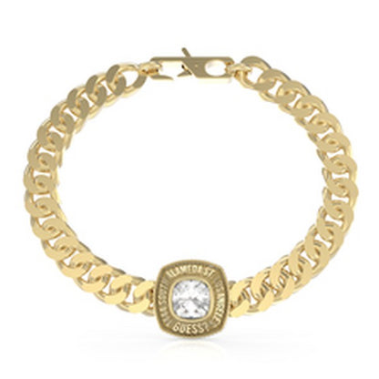 GUESS JEWELS JEWELRY Mod. JUMB01373JWYGS gold bracelet with crystal centerpiece on white background