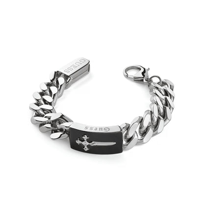 GUESS JEWELS JEWELRY Mod. JUMB04022JWSTBKS stylish bracelet with silver chain and black accent featuring engraved logo.
