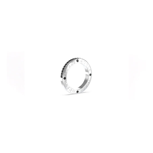 Silver ring from GUESS JEWELS JEWELRY Mod. JUMR03219JWYGBK66 with engraved design on a white background