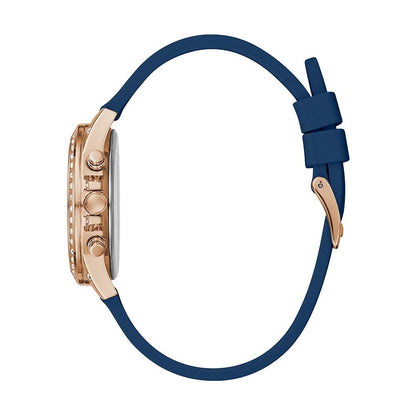 Side view of a stylish quartz analog wristwatch with a blue strap and rose gold case.