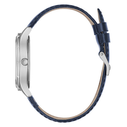 Side view of GUESS Mod. GW0299L1 watch with silver case and blue leather strap, quartz analog movement, water resistant to 5 ATM.