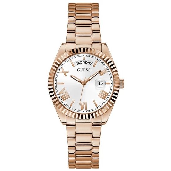 Rose gold quartz analog watch with date function, featuring silver mineral dial and water resistance, GUESS Mod. GW0308L3.