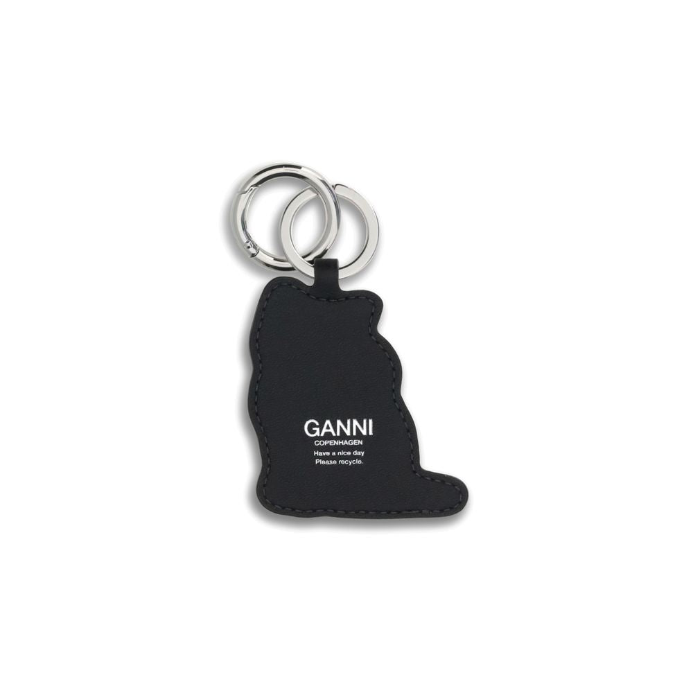 Ganni Blue Recycled Leather Keychain in cat shape with silver ring and clasp, featuring the GANNI logo.
