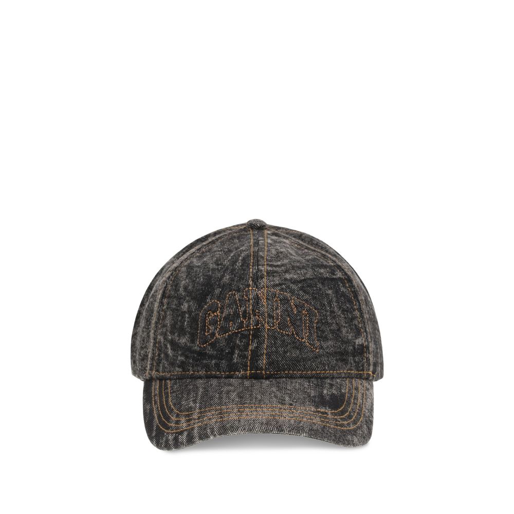 Front view of Ganni Gray Cotton Cap (Baseball Hat) with embroidered GANNI logo, made of durable cotton denim.