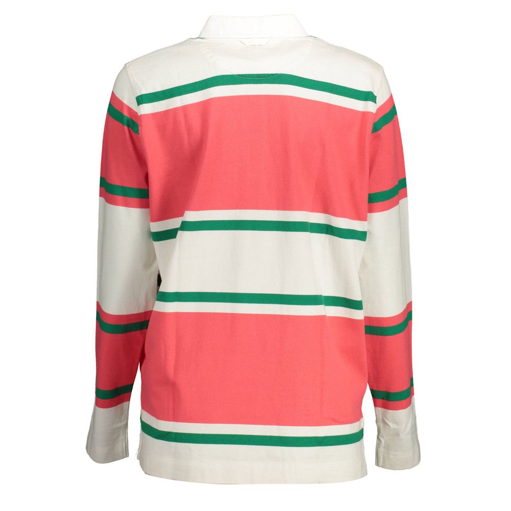 Back view of Gant Pink Cotton Women Polo Shirt with green and white stripes, showcasing long sleeves and soft organic cotton fabric.