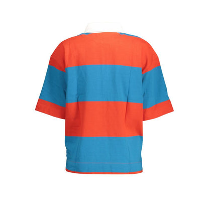 Back view of colorful striped cotton polo shirt with blue and red horizontal bands.