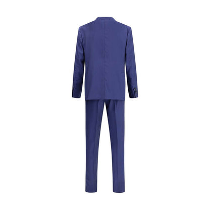 Gi Capri Blue Fleece Wool Suits And Blazer featuring striped virgin wool with single-breasted jacket and welt patch pockets, back view.