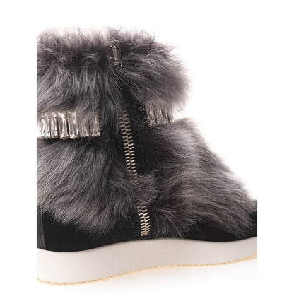 Giuseppe Zanotti Black Neoprene Chunky Sneakers with faux fur and crystals, side zipper, white sole, luxury footwear design