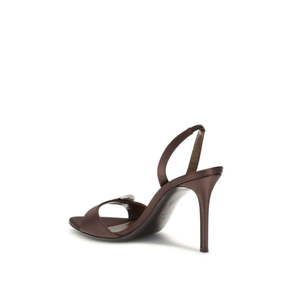 Giuseppe Zanotti Brown Silk Stiletto Heel Sandals with rhinestone detail, slingback design, and almond toe, side view.