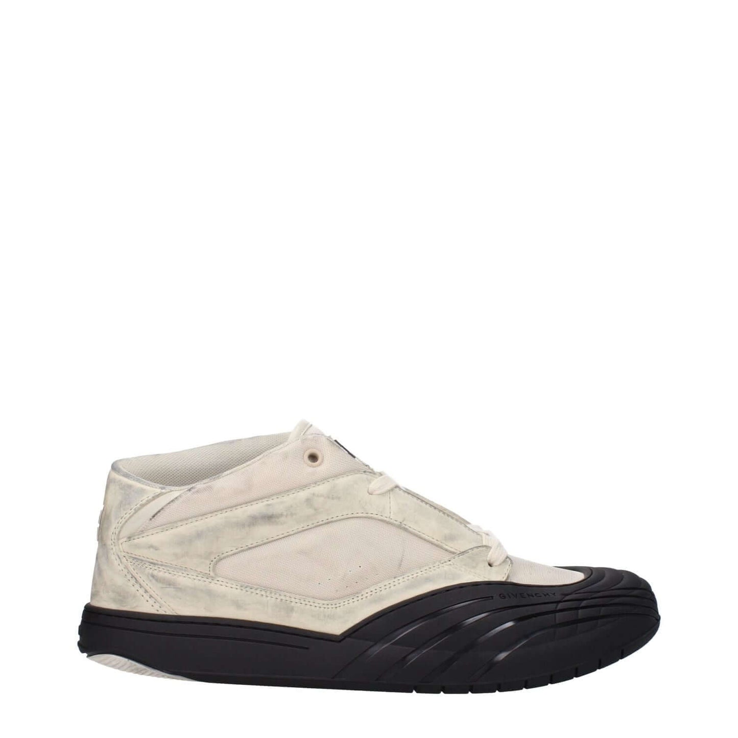 Givenchy Beige Fabric Chunky Sneakers with vintage and aged effect, featuring a front logo, rubber sole, and lace-up closure.