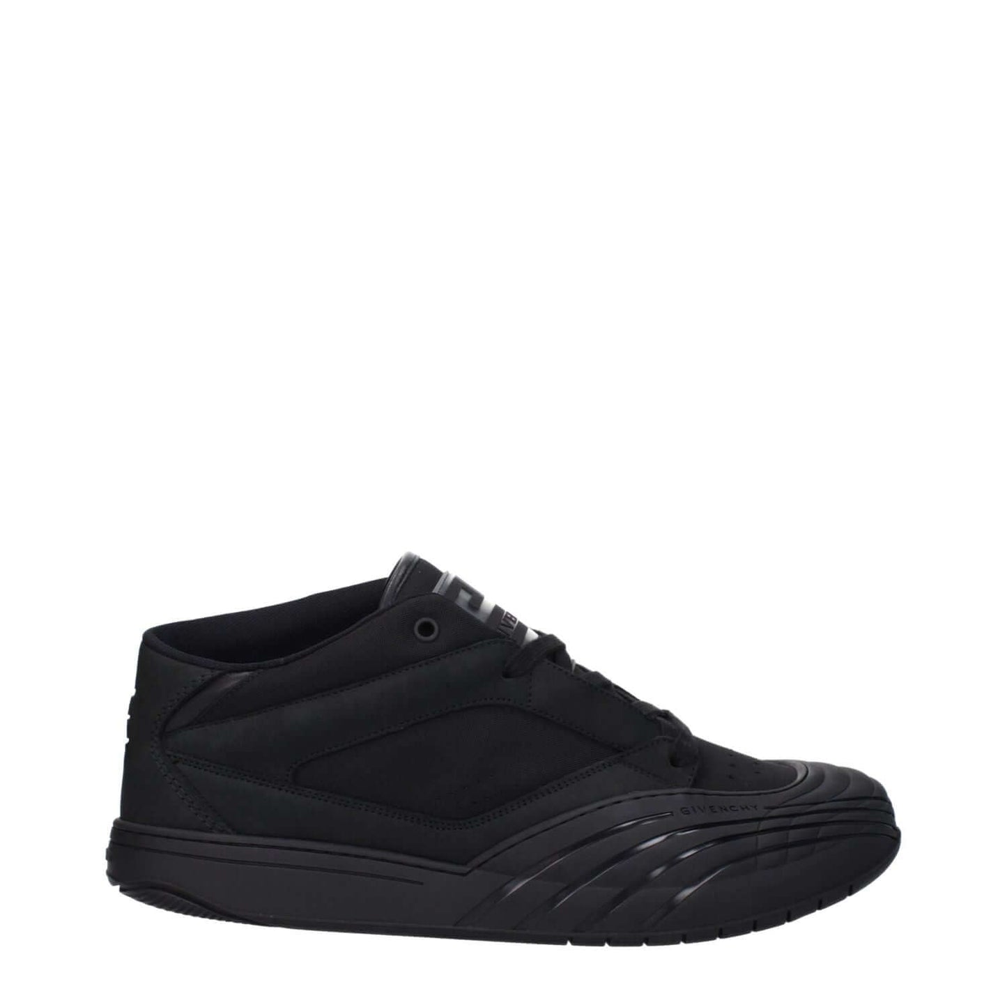 Givenchy Black Fabric Low Top Sneakers with logos on front, side, and back; lace-up closure, rubber sole, round toe, low heel.