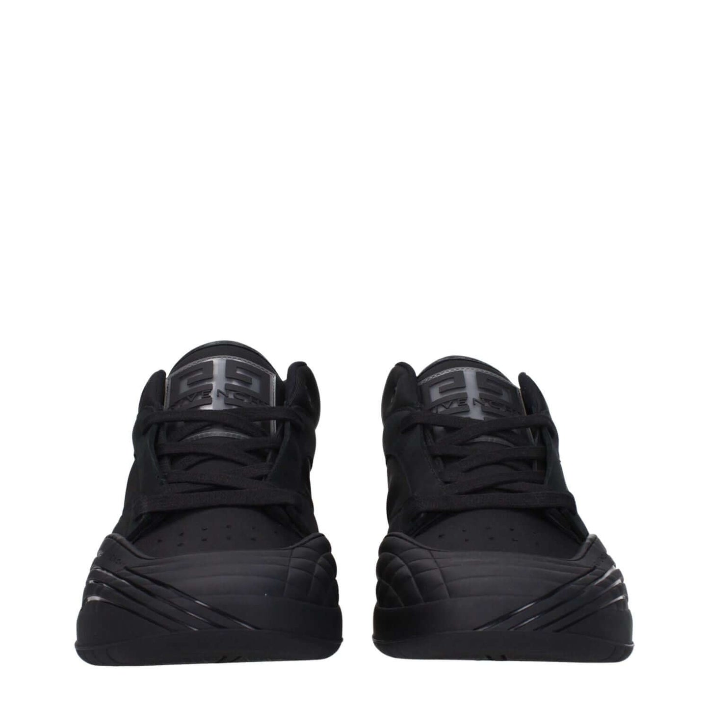 Givenchy Black Fabric Low Top Sneakers with front logo and lace-up closure, featuring round toe and rubber sole.