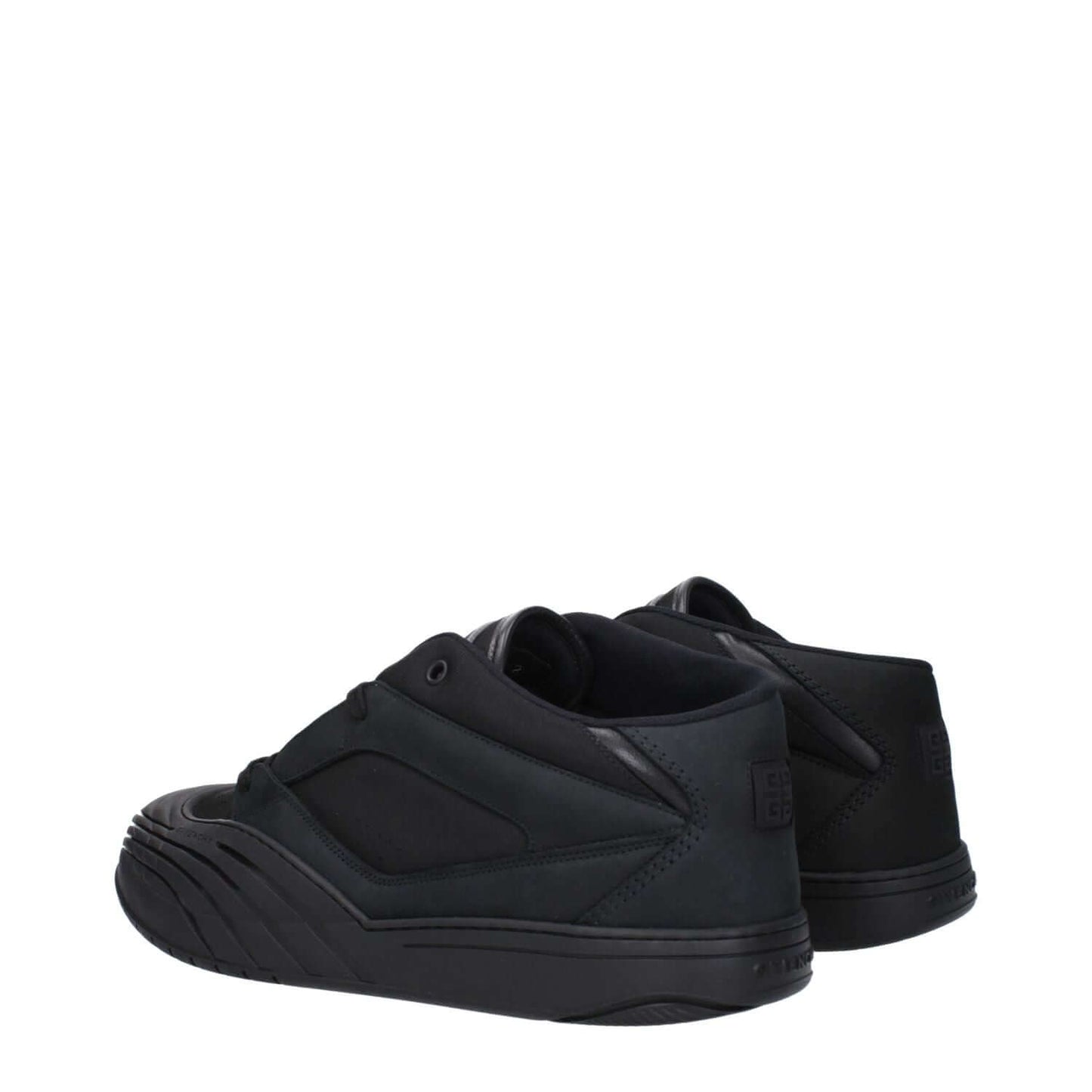 Givenchy Black Fabric Low Top Sneakers with logos on front, side, and back, lace-up closure, rubber sole, and round toe design.