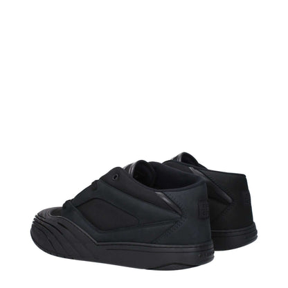 Givenchy Black Fabric Low Top Sneakers with logos on front, side, and back, lace-up closure, rubber sole, and round toe design.