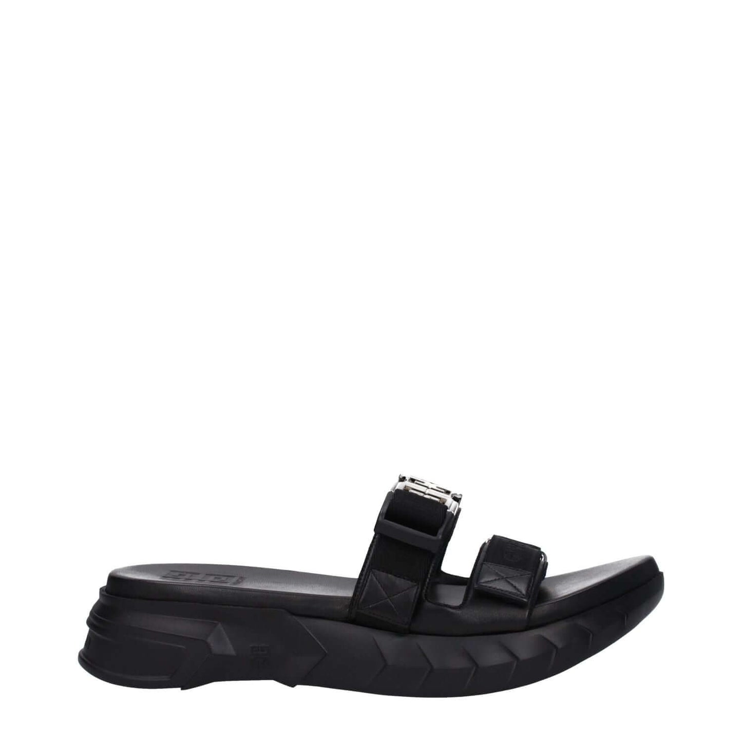 Givenchy Black Fabric Slippers with silver logo, clips closure, rubber sole, mid heels, open toe design, and heel height of 4 cm.