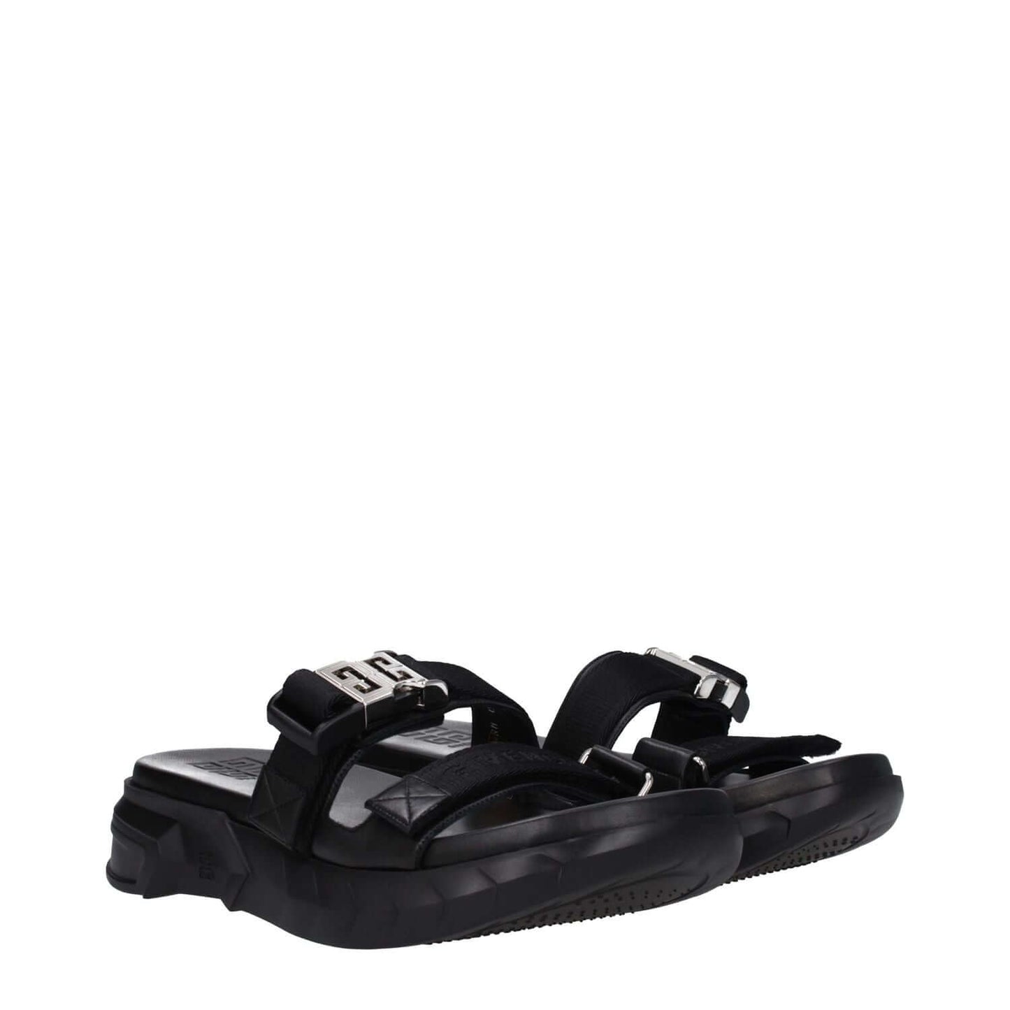 Givenchy Black Fabric Slippers with front logo, open toe, and mid heels, featuring silver clips closure and rubber sole.