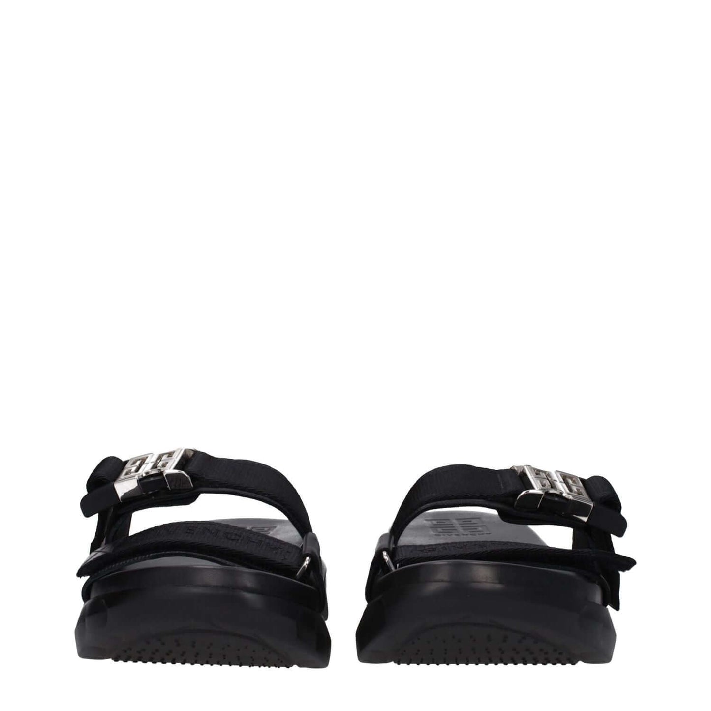 Rear view of Givenchy Black Fabric Slippers with silver clip closure and rubber sole, open toe design with mid heels.