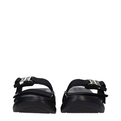 Rear view of Givenchy Black Fabric Slippers with silver clip closure and rubber sole, open toe design with mid heels.