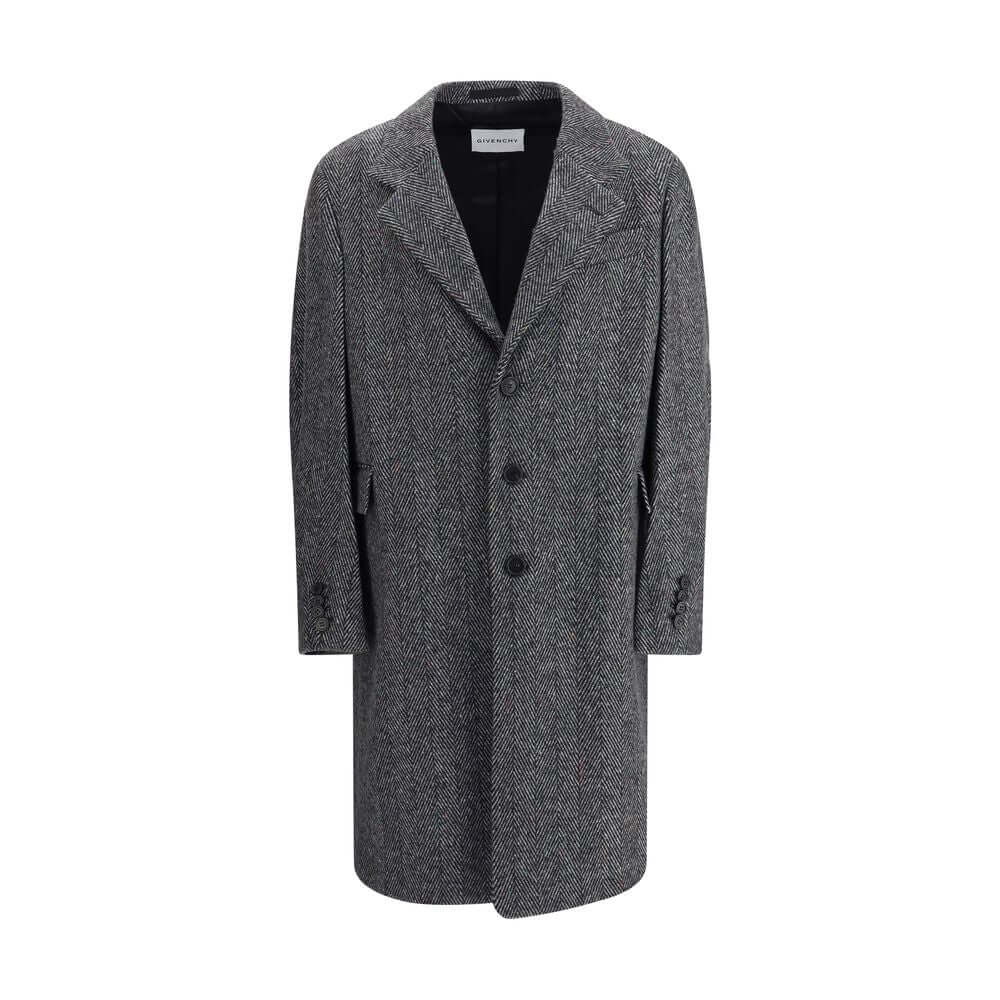 Givenchy Gray Wool Coat with herringbone pattern and wide lapel, below-the-knee length and three welt pockets for sophisticated style.