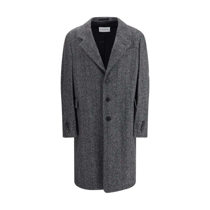 Givenchy Gray Wool Coat with herringbone pattern and wide lapel, below-the-knee length and three welt pockets for sophisticated style.
