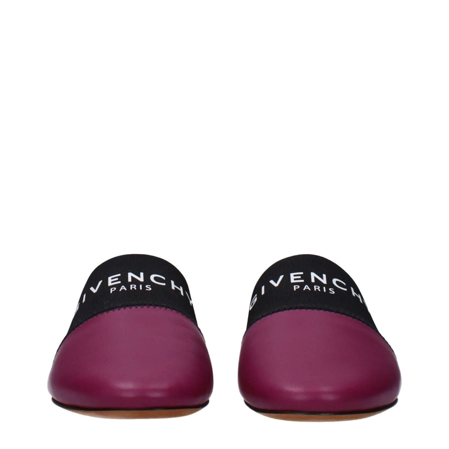 Givenchy Purple Leather Slippers with front logo, round toe, low flat heel, dark orchid hue, made from high-quality leather.