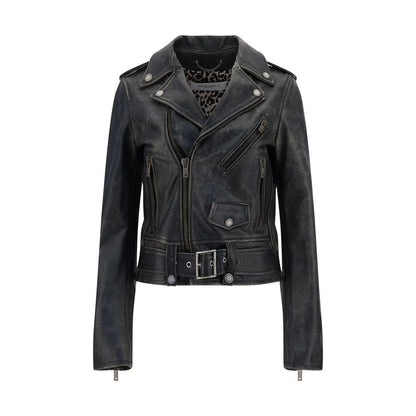Golden Goose Black Calf Leather Bos Taurus Biker Jacket with asymmetrical zip, classic lapels, and buckle waistband.