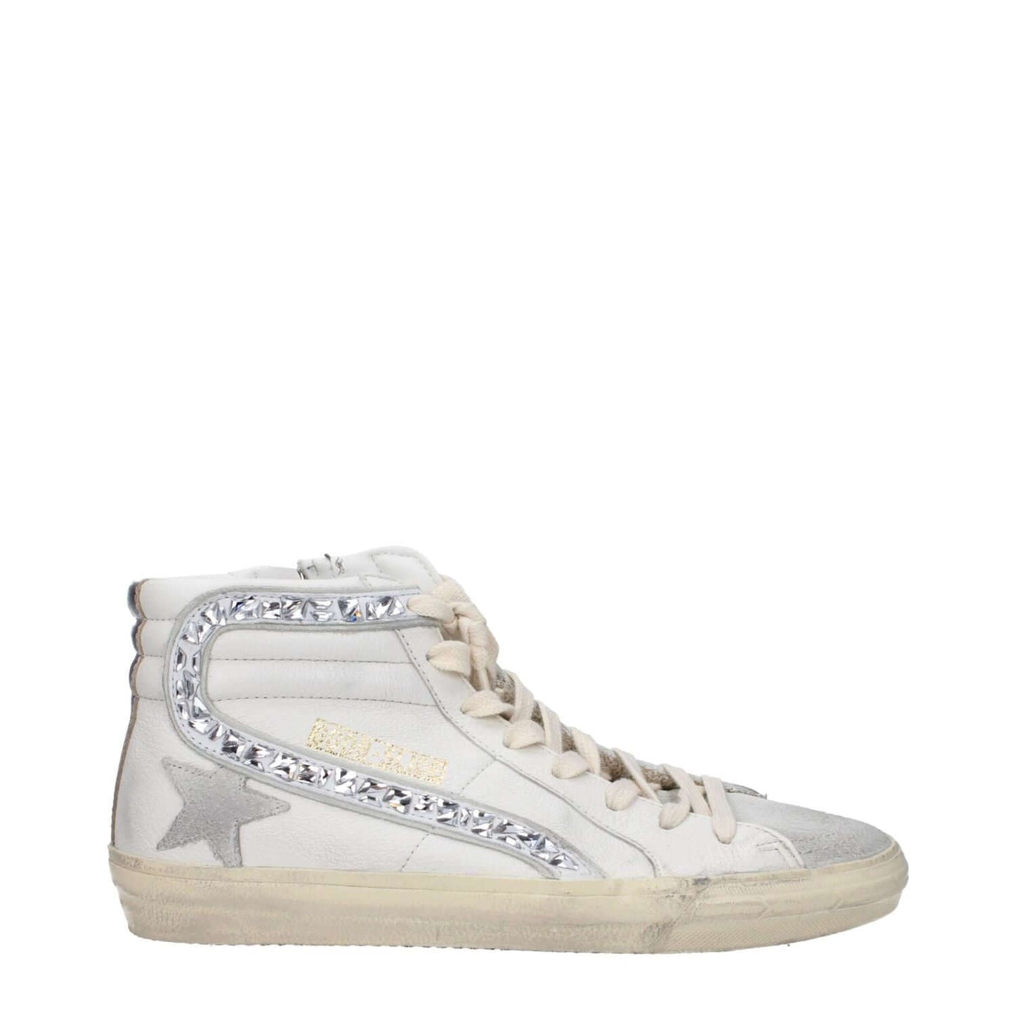 Golden Goose White Leather High Top Sneakers with aged effect and silver details.