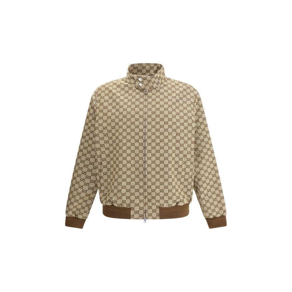 Gucci Beige Cotton Shell Jacket with GG Supreme design, high collar, snap buttons, zipper closure, side pockets, ribbed hem and cuffs.