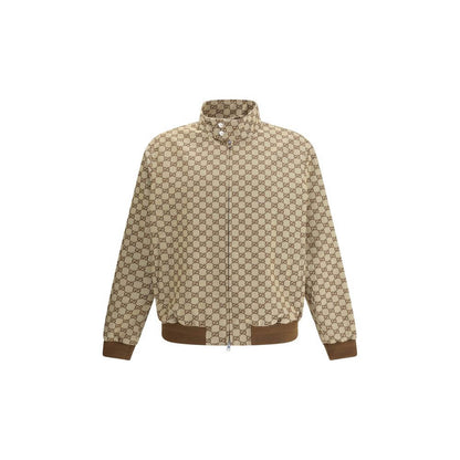 Gucci Beige Cotton Shell Jacket with GG Supreme design, high collar, snap buttons, zipper closure, side pockets, ribbed hem and cuffs.