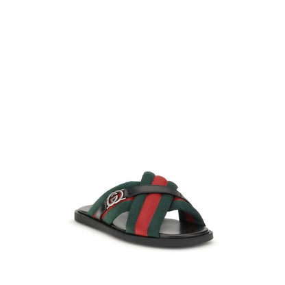 Gucci Black Polyamide Flat Sandals with green and red Web fabric and silver-tone Interlocking GG logo, AW25 collection.