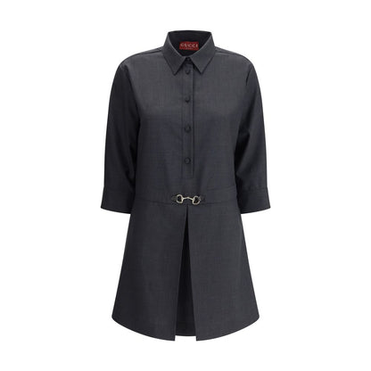 Gucci Gray Wool Casual Dress with buttoned front, classic collar, and horsebit detail showcasing elegant summer fashion.