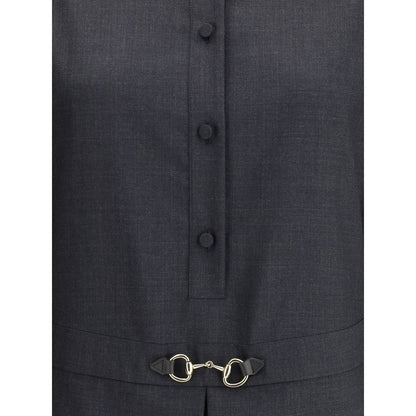 Gucci Gray Wool Casual Dress with front buttons and horsebit detail highlighting elegant design.
