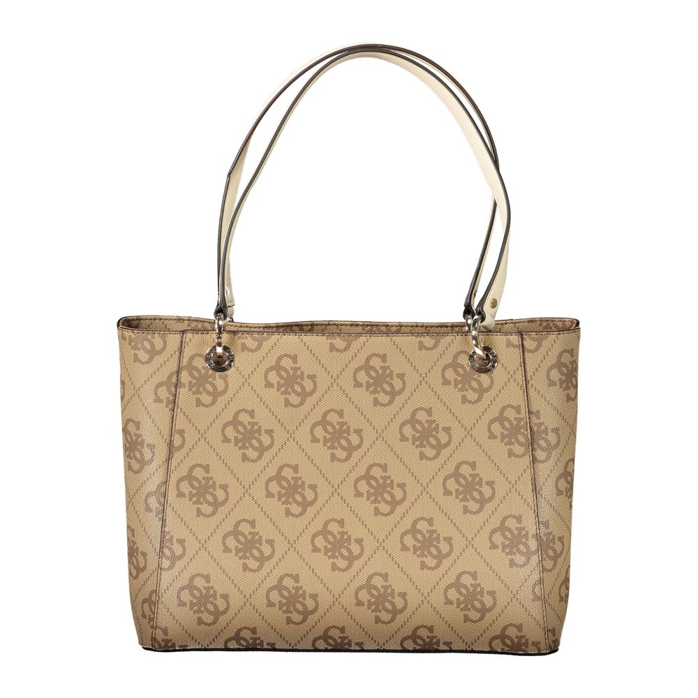 Guess Jeans Beige Polyethylene Women Handbag with logo, featuring two spacious compartments and stylish design for chic sophistication.