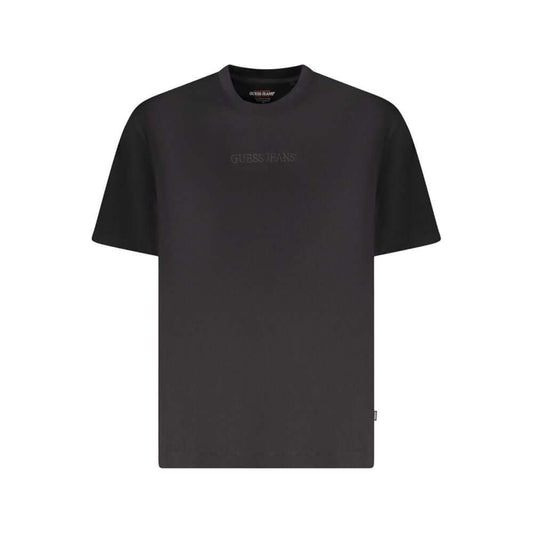 Guess Jeans Black Cotton Men Oversize T-Shirt with embroidered logo and crew neck design, made from organic cotton.