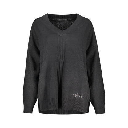 Guess Jeans Black Cotton Sweater with V-neck, long sleeves, contrasting details, and logo accent.