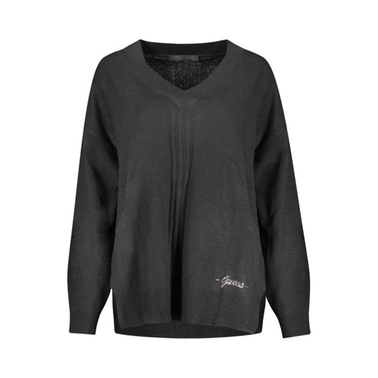 Guess Jeans Black Cotton Sweater with long sleeves, V-neck, and contrasting details.