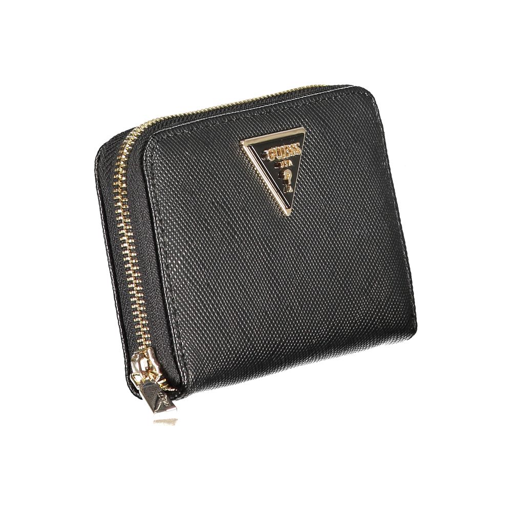 Guess Jeans Black Polyethylene Wallet with double card spaces, zip closure, and logo design. Ideal for stylish organization.