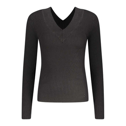 Alt Tag: Guess Jeans Black Viscose Sweater - Long Sleeved, V-Neck with Contrasting Details and Logo