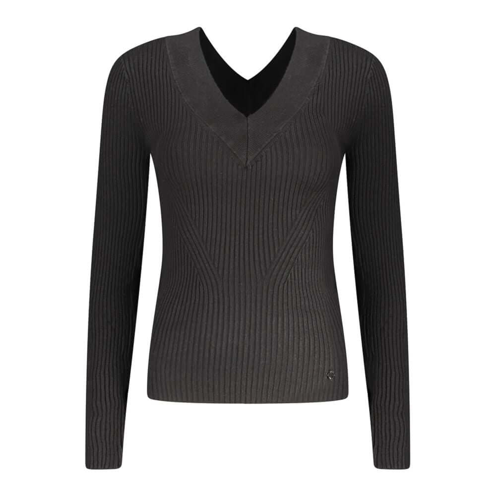 Guess Jeans Black Viscose Sweater with contrasting details, long sleeves, and V-neck logo.