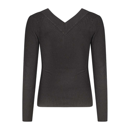 Guess Jeans Black Viscose Sweater with v-neck, long sleeves, contrasting details, and logo.