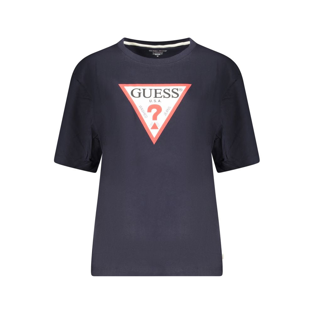 Guess Jeans Blue Cotton Women T-Shirt in oversized fit with iconic print and crew neck for trendy casual style.