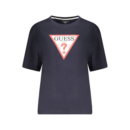 Guess Jeans Blue Cotton Women T-Shirt in oversized fit with iconic print and crew neck for trendy casual style.