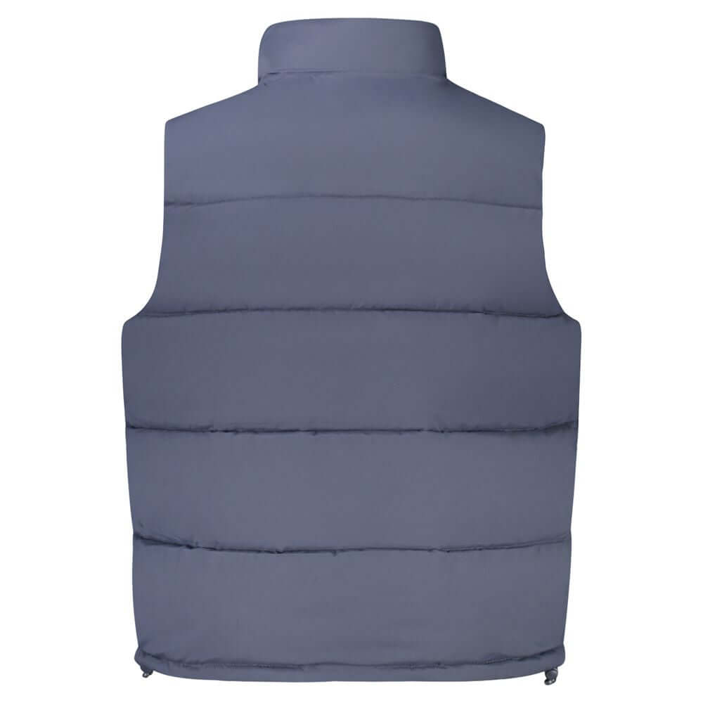 Back view of Guess Jeans Blue Polyester Men Jacket showcasing sleeveless design and thermal padding for modern style.