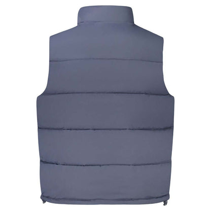 Back view of Guess Jeans Blue Polyester Men Jacket showcasing sleeveless design and thermal padding for modern style.