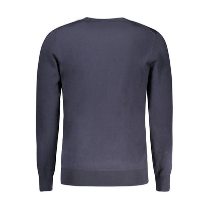 Guess Jeans Blue Viscose Sweater featuring long sleeves, crew neck, and logo application, back view.